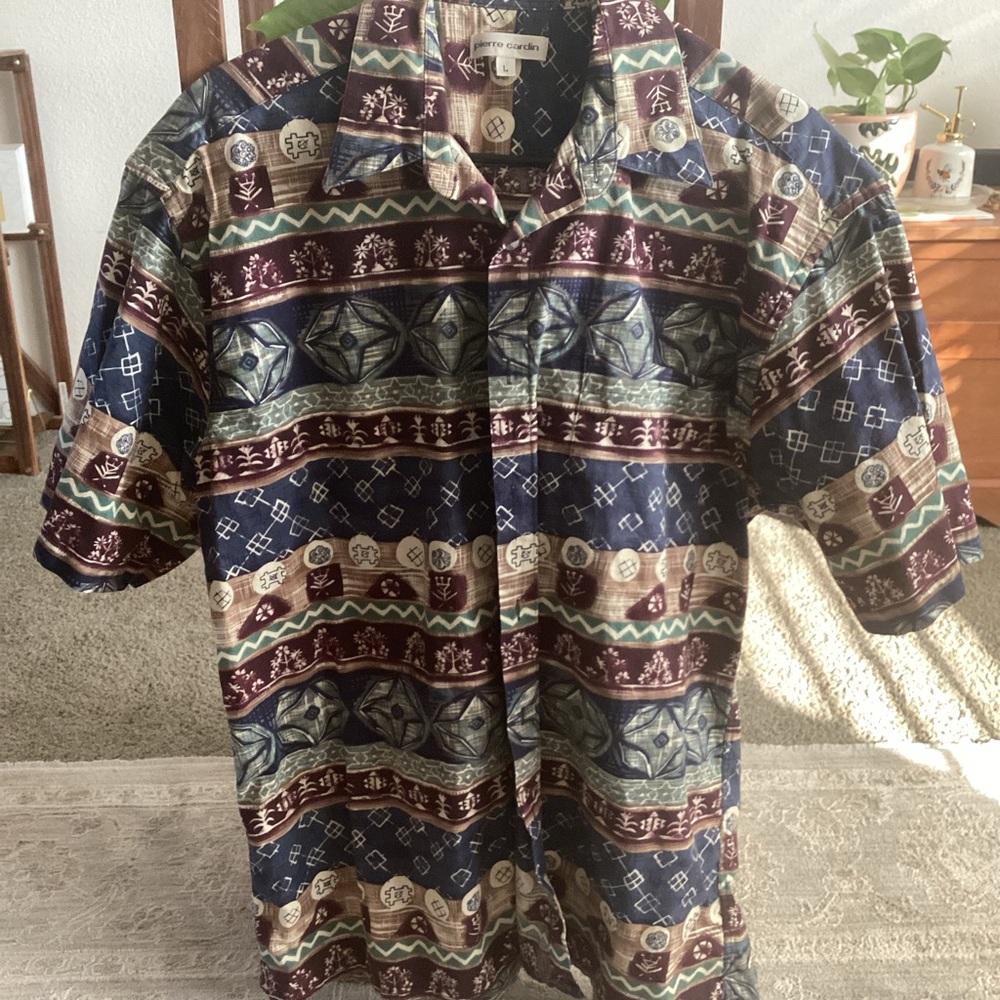 Pierre Cardin Navy and Burgundy Patterned Shirt